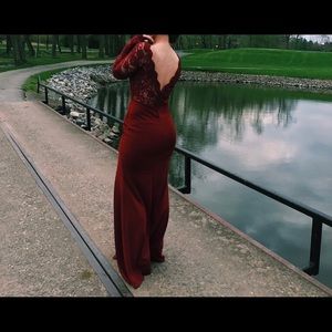 Windsor floor length open back long sleeve red lace dress